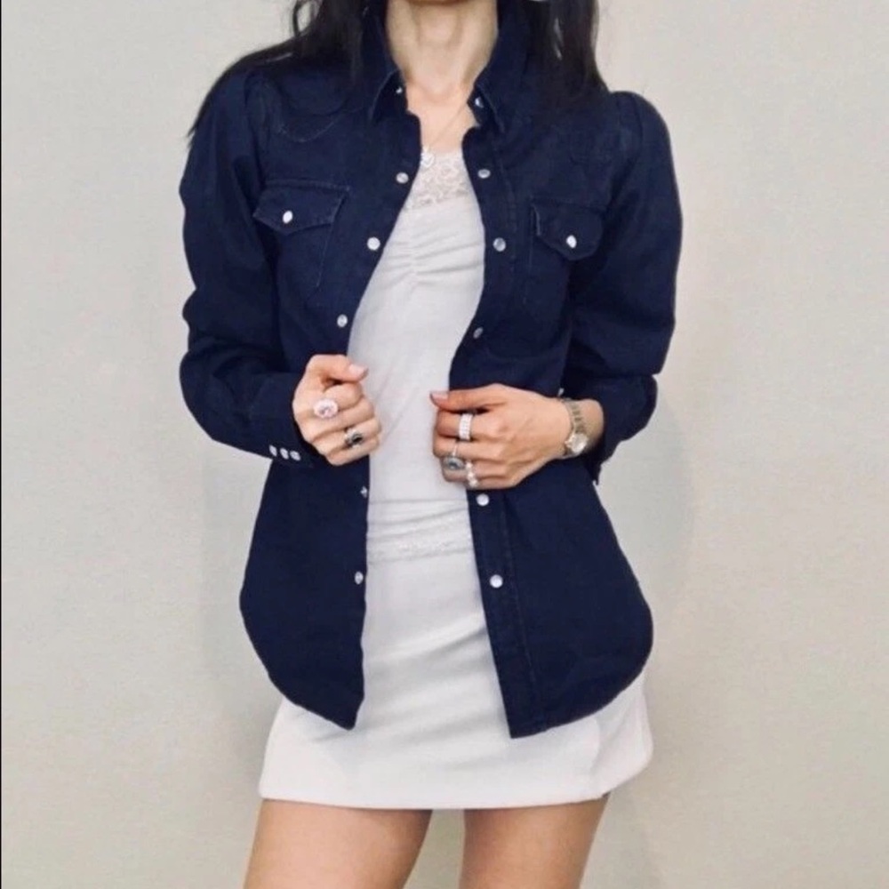 Torn by Ronny Kobo puff sleeve denim shirt with pearl snaps size M‎
